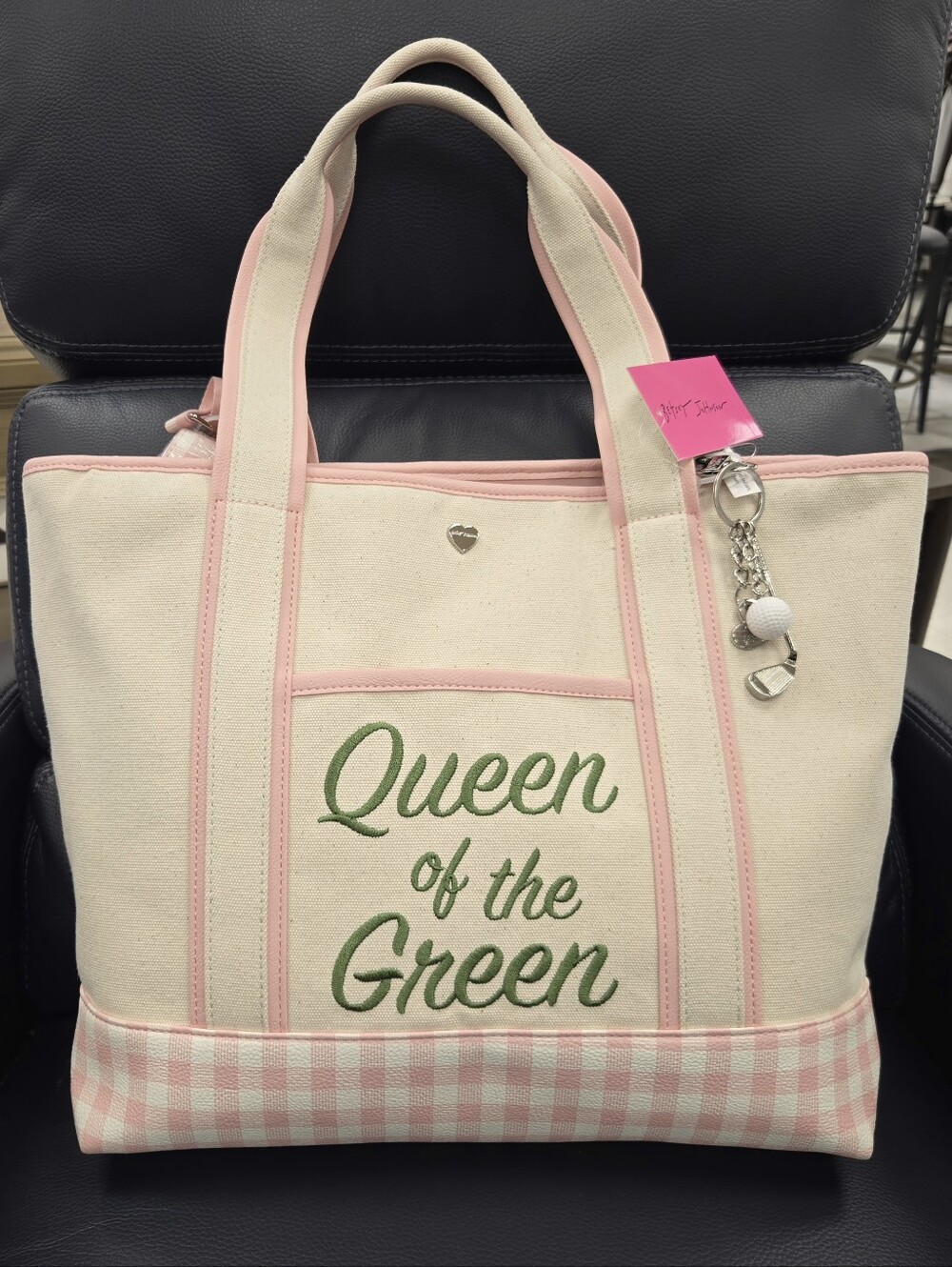 Betsey Johnson Pink & Cream Canvas Tote - "Queen of the Green"